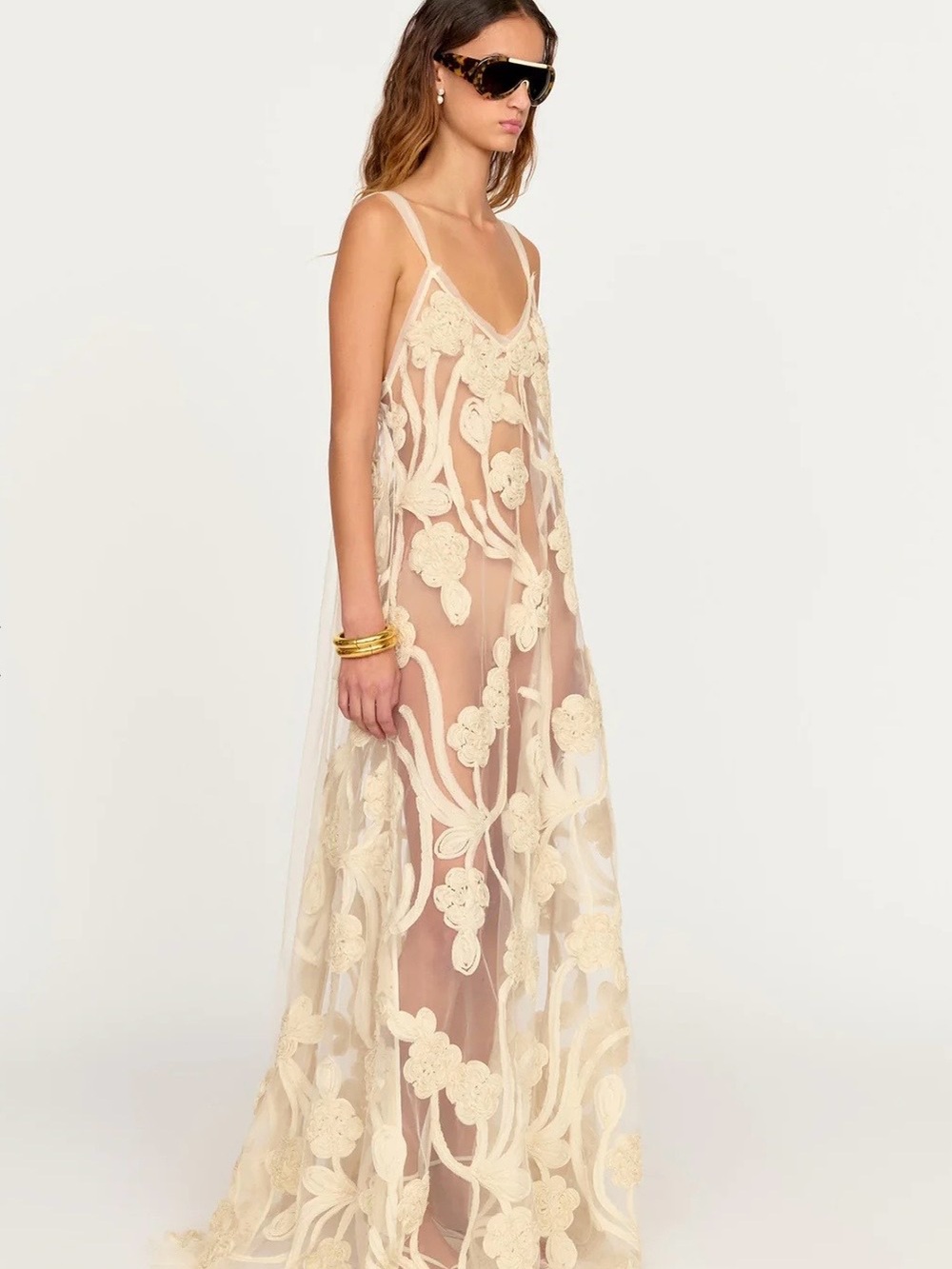 [sold out] Eliou Paula Dress - Cream Floral Appliqué Maxi Slip Dress with V-Neck - Picture 4 of 9